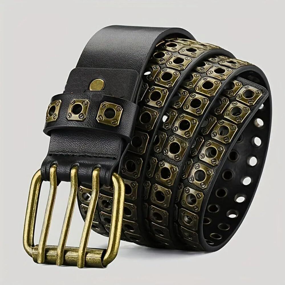 6245 3 Row Studded Holes Grommet Faux Leather Belts For Women Men Punk - Picture 5 of 7